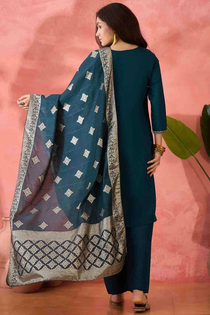 Teal Colour Embroidery Roman Silk Pant Style Suit SS1113519 A