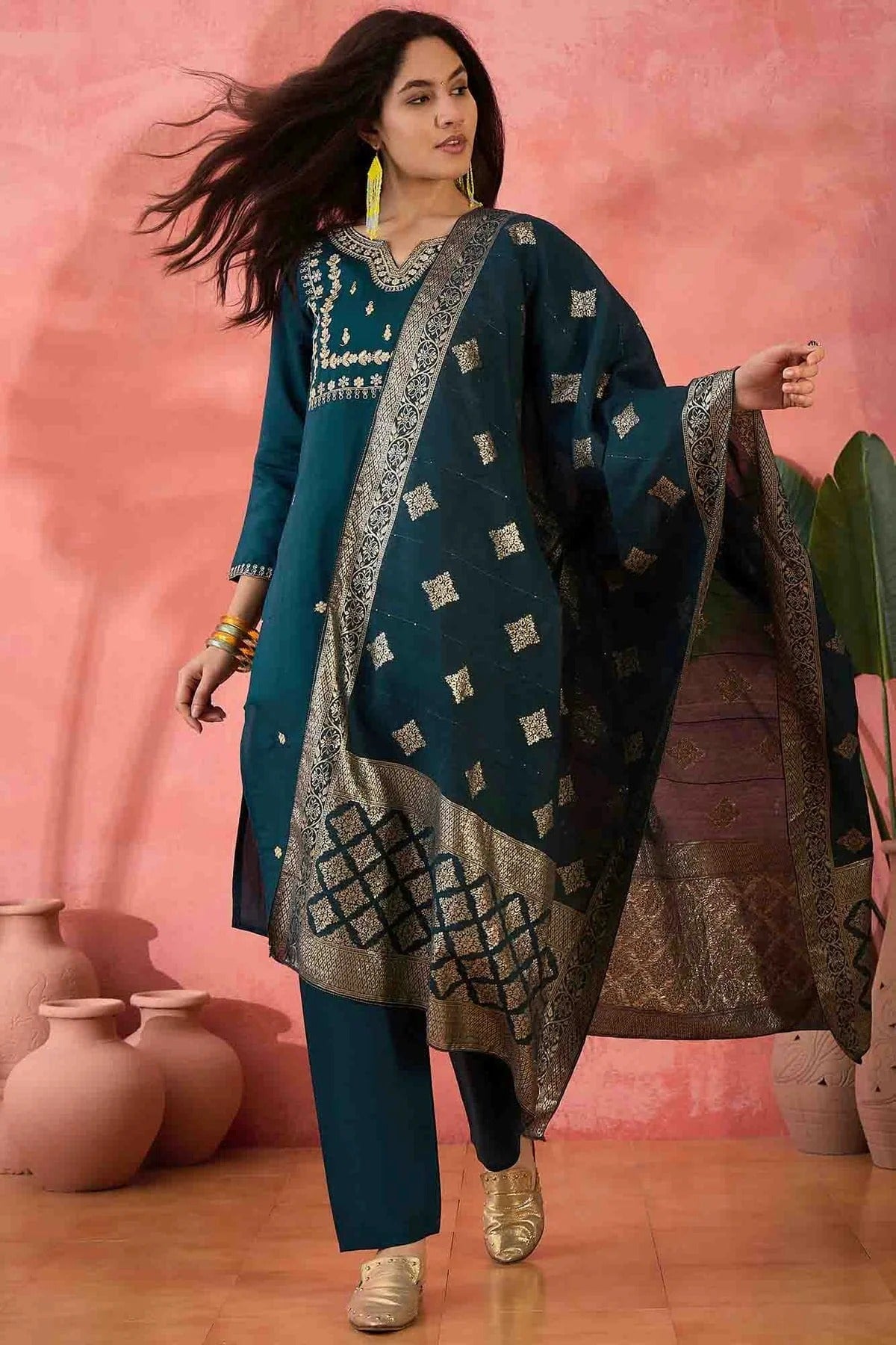 Teal Colour Embroidery Roman Silk Pant Style Suit SS1113519