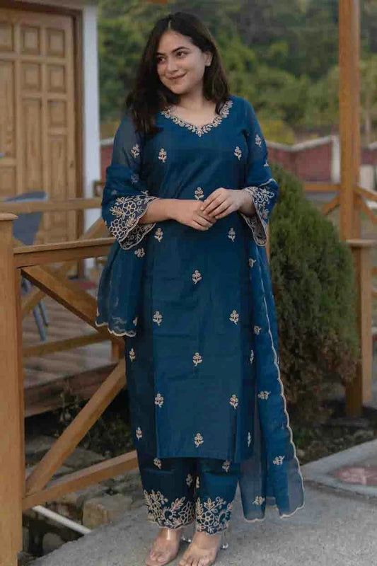 Teal Colour Embroidery Viscose Silk Pant Style Suit SS1113489