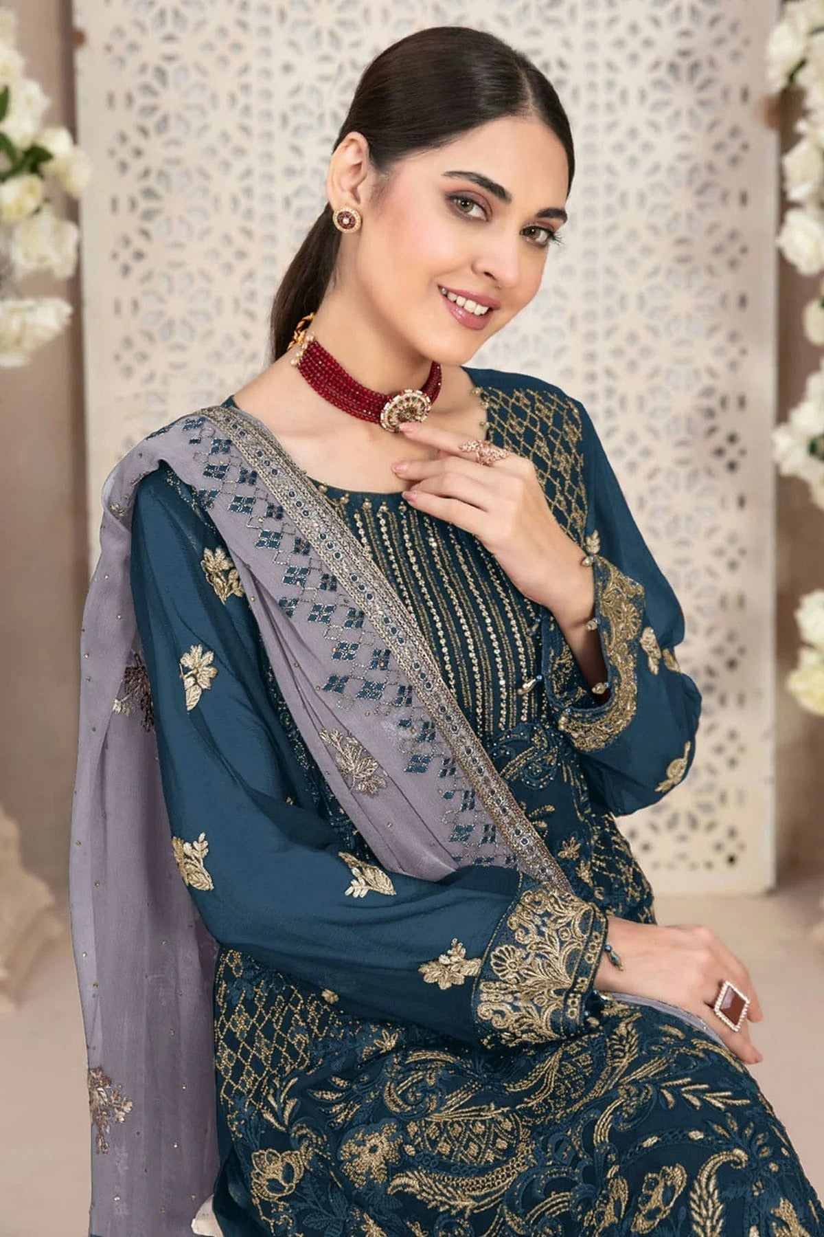 Teal Colour Faux Georgette Pakistani Suit SM1140051 A