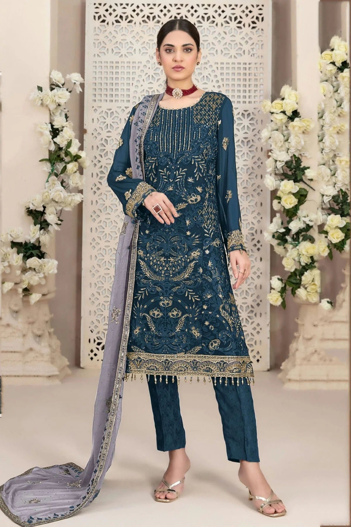 Teal Colour Faux Georgette Pakistani Suit SM1140051