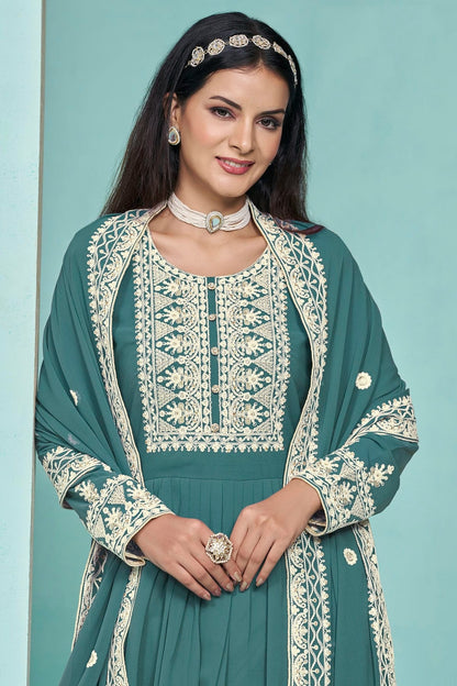 Teal Colour Faux Georgette Palazzo Pant Suit SM1050562 A