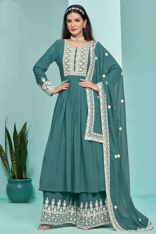 Teal Colour Faux Georgette Palazzo Pant Suit SM1050562