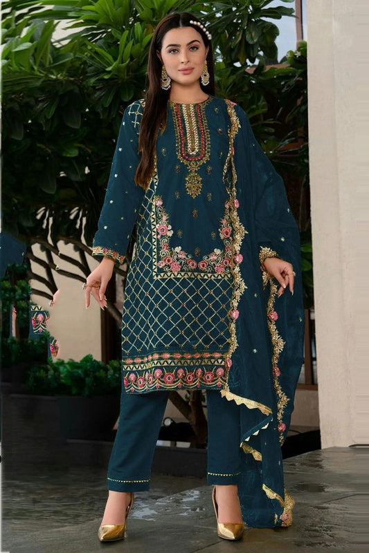 Teal Colour Faux Georgette Pant Style Suit SM1140075