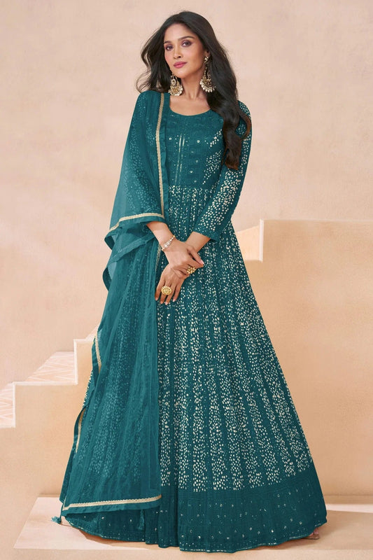 Teal Colour Faux Georgette Semi Stitched Anarkali Suit SM1140472