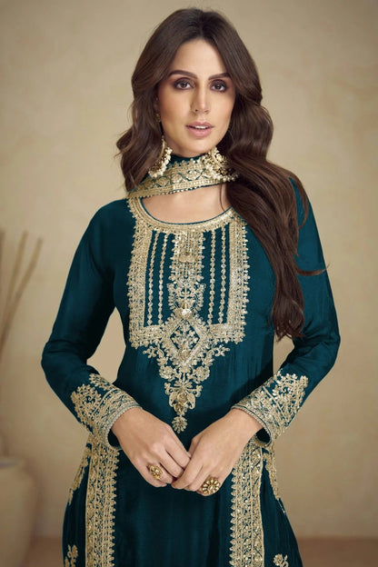 Teal Colour Faux Georgette Semi Stitched Pant Style Suit SM1140464 A