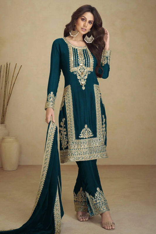 Teal Colour Faux Georgette Semi Stitched Pant Style Suit SM1140464