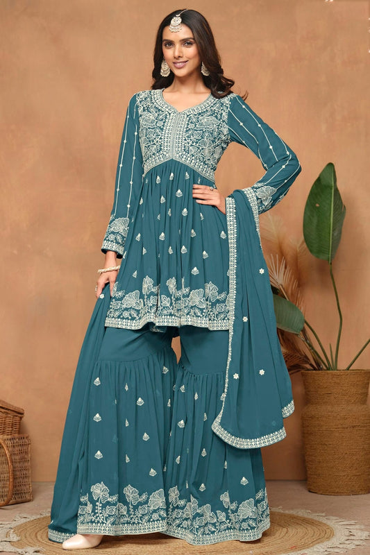 Teal Colour Faux Georgette Sharara Suit SM1050554