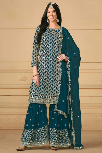 Teal Colour Faux Georgette Sharara Suit SM1110584