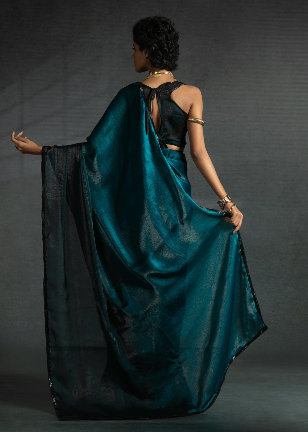 Teal Colour Fendi Satin Silk Ready To Wear Saree