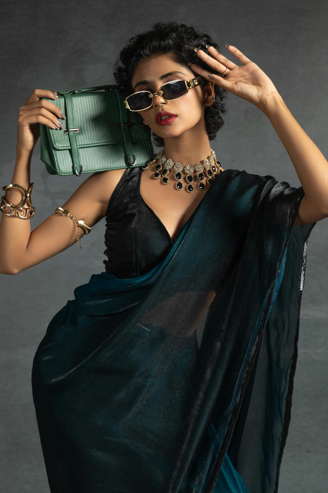 Teal Colour Fendi Satin Silk Ready To Wear Saree
