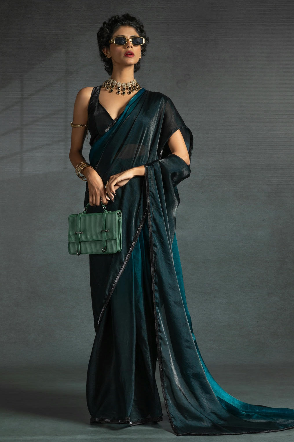 Teal Colour Fendi Satin Silk Ready To Wear Saree