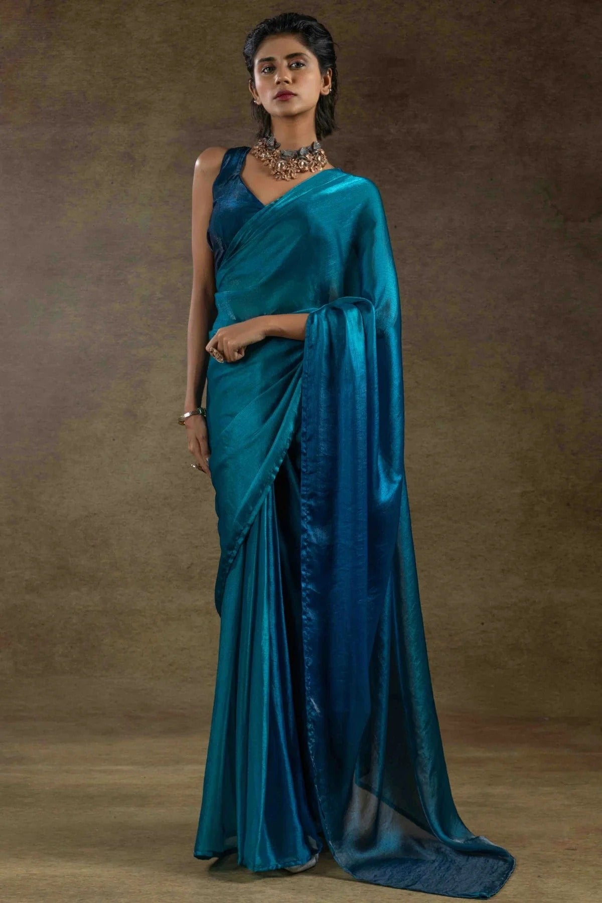 Teal Colour Fendi Satin Silk Ready To Wear Saree SD1122022