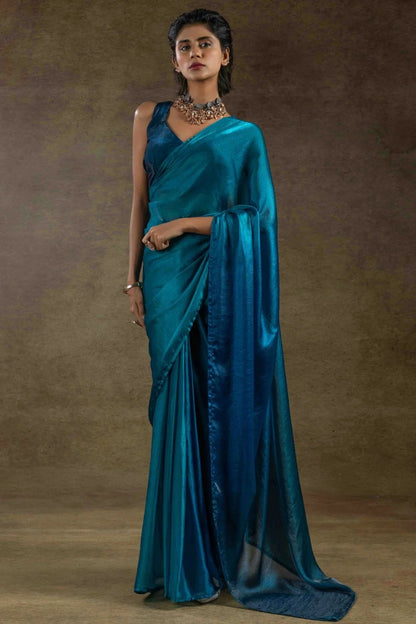 Teal Colour Fendi Satin Silk Ready To Wear Saree SD1122022