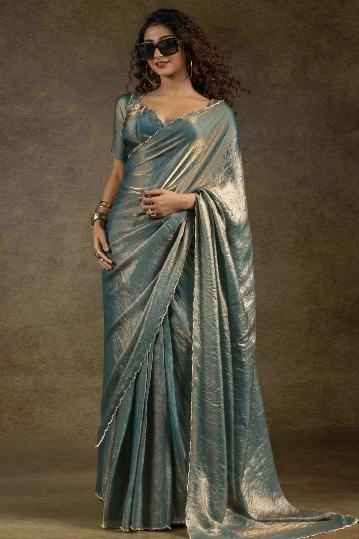 Teal Colour Fendi Satin Silk Ready To Wear Saree SD1122027