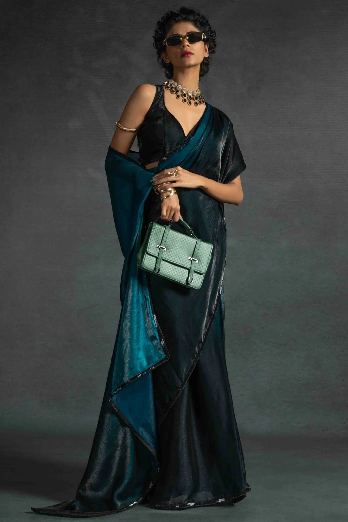 Teal Colour Fendi Satin Silk Ready To Wear Saree SD1122030