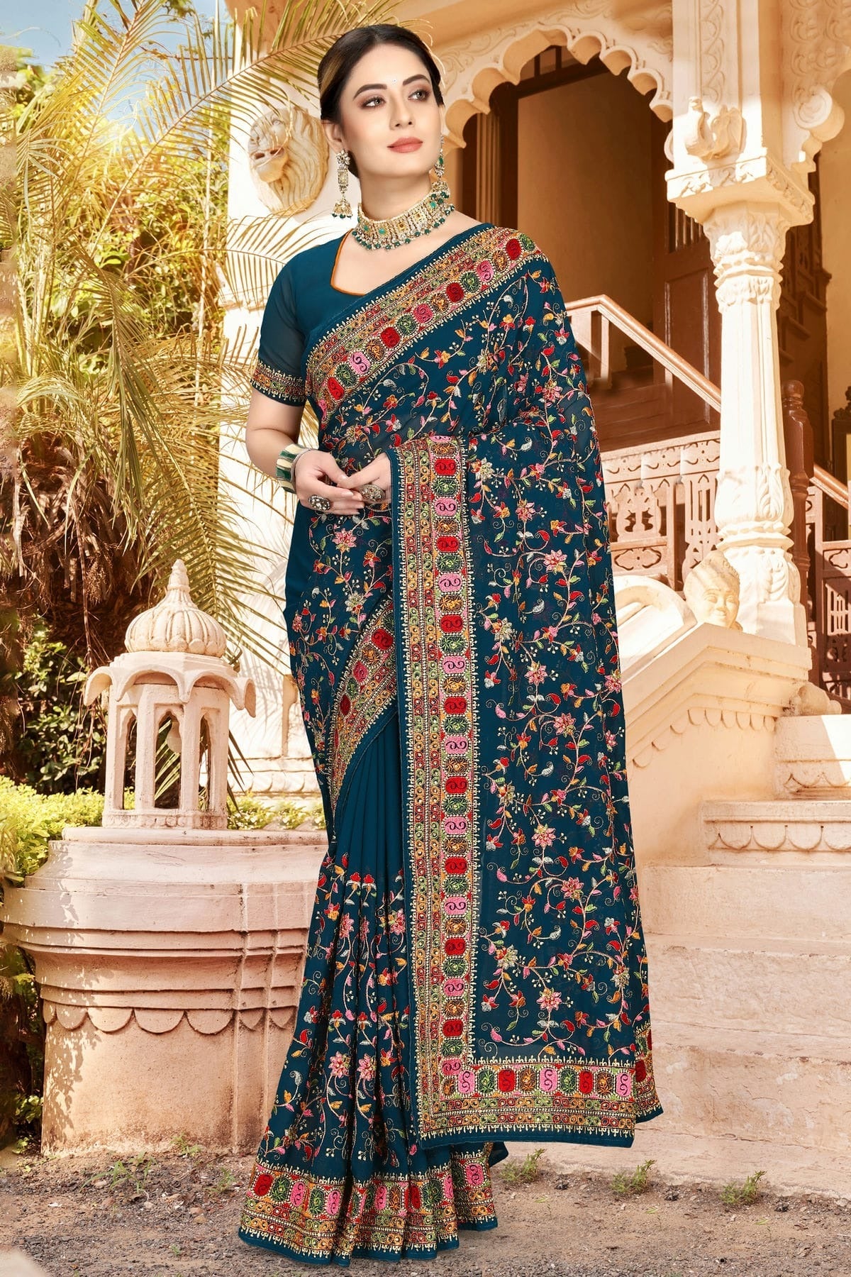 Teal Colour Georgette Designer Saree LC1121309