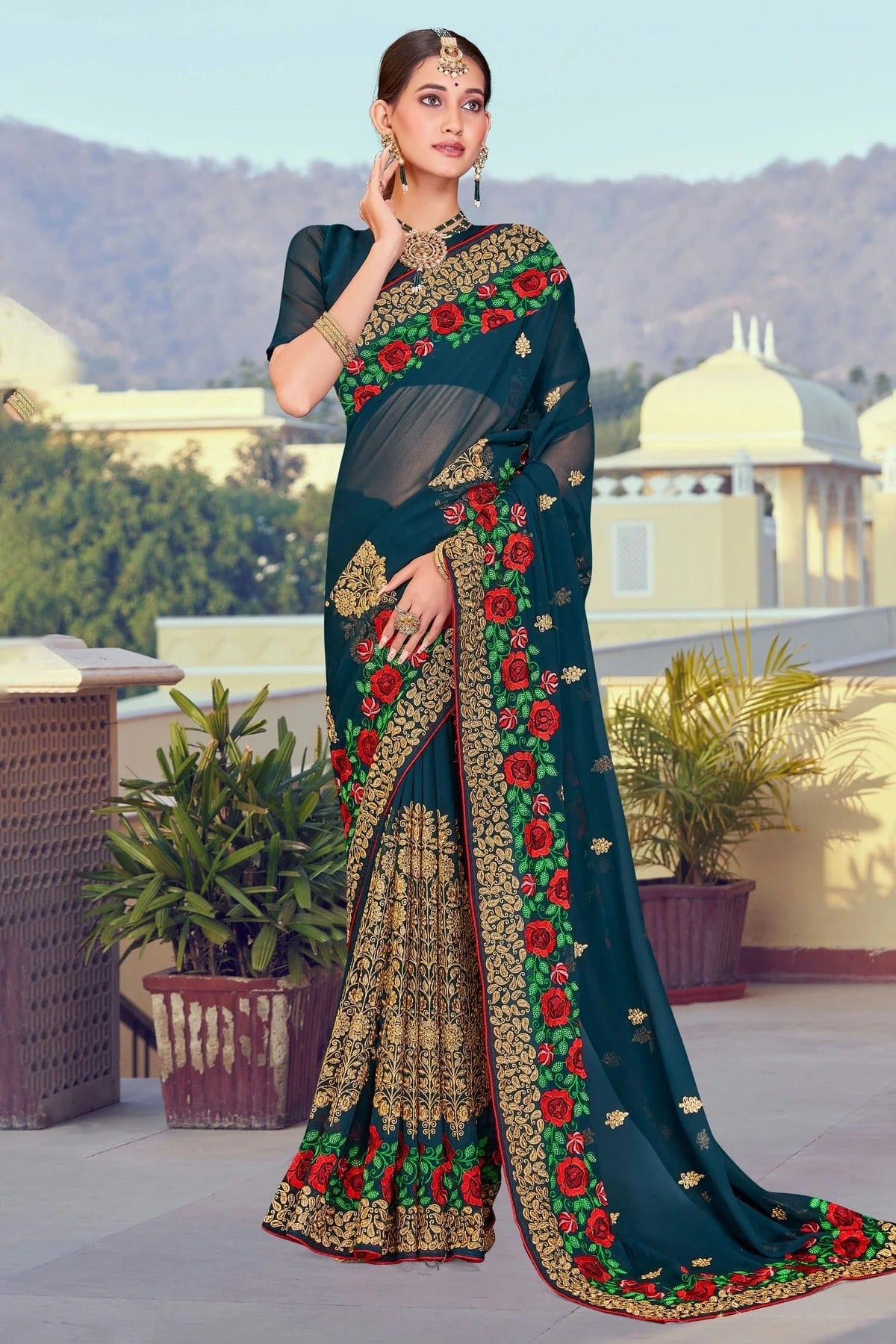Teal Colour Georgette Designer Saree LC1121370