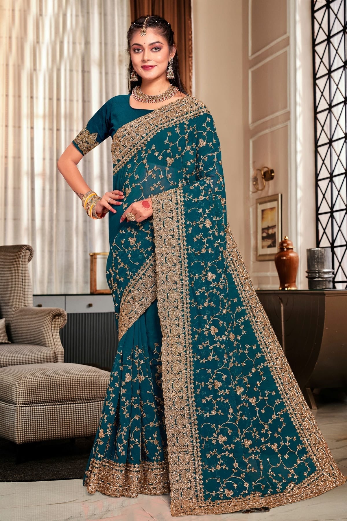Teal Colour Georgette Designer Saree LC1121724