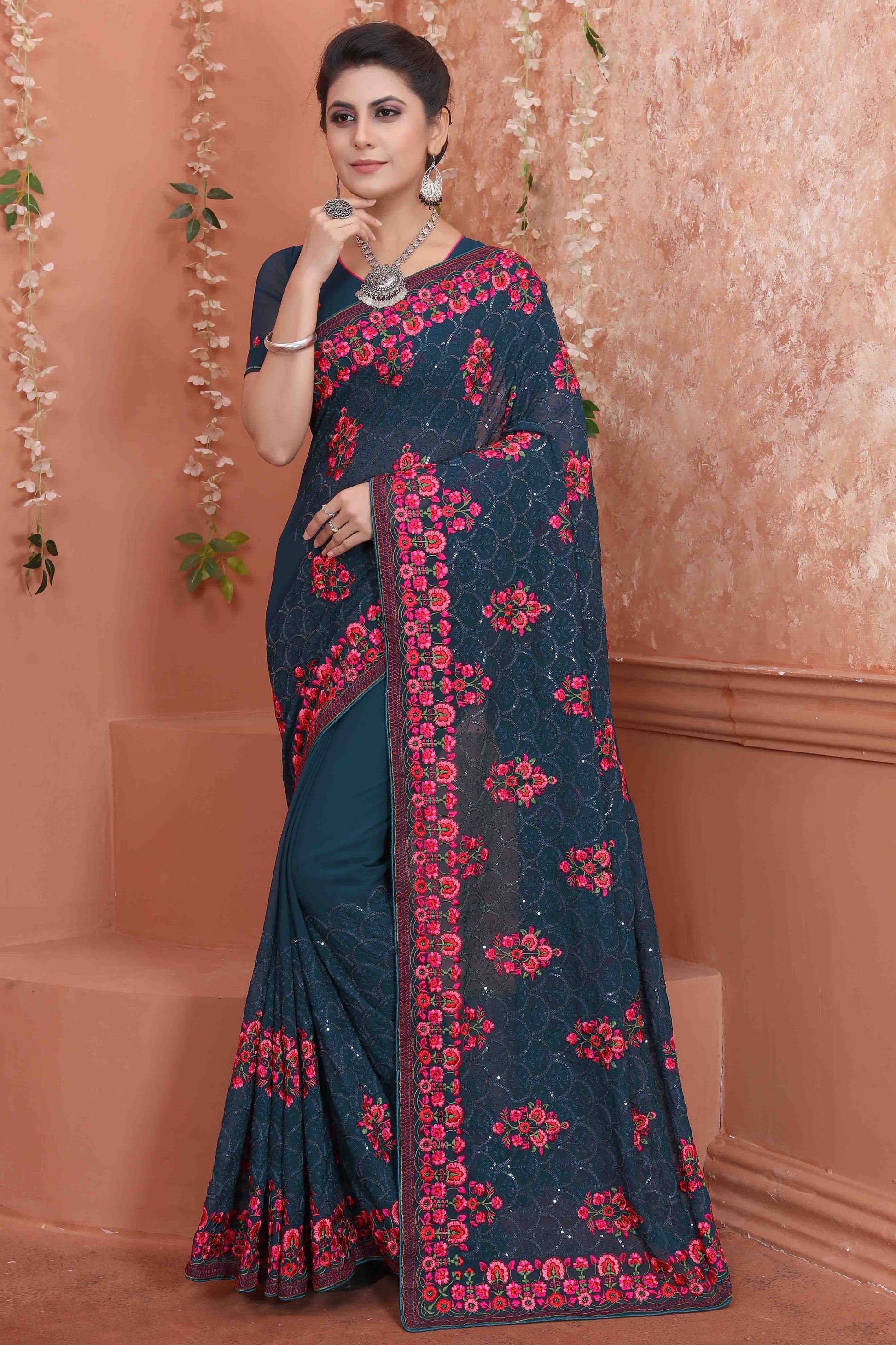 Teal Colour Georgette Designer Saree SD1090535