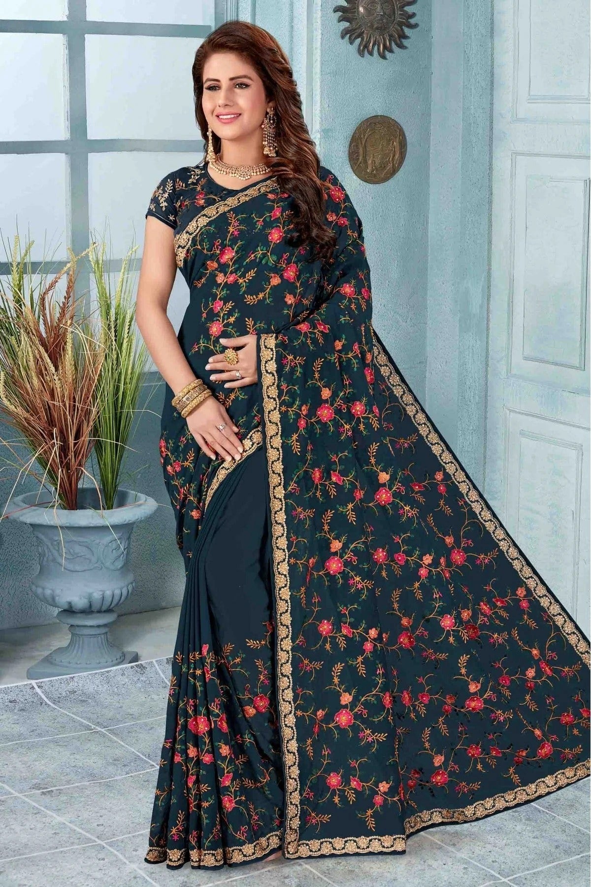 Teal Colour Georgette Designer Saree SD1120513