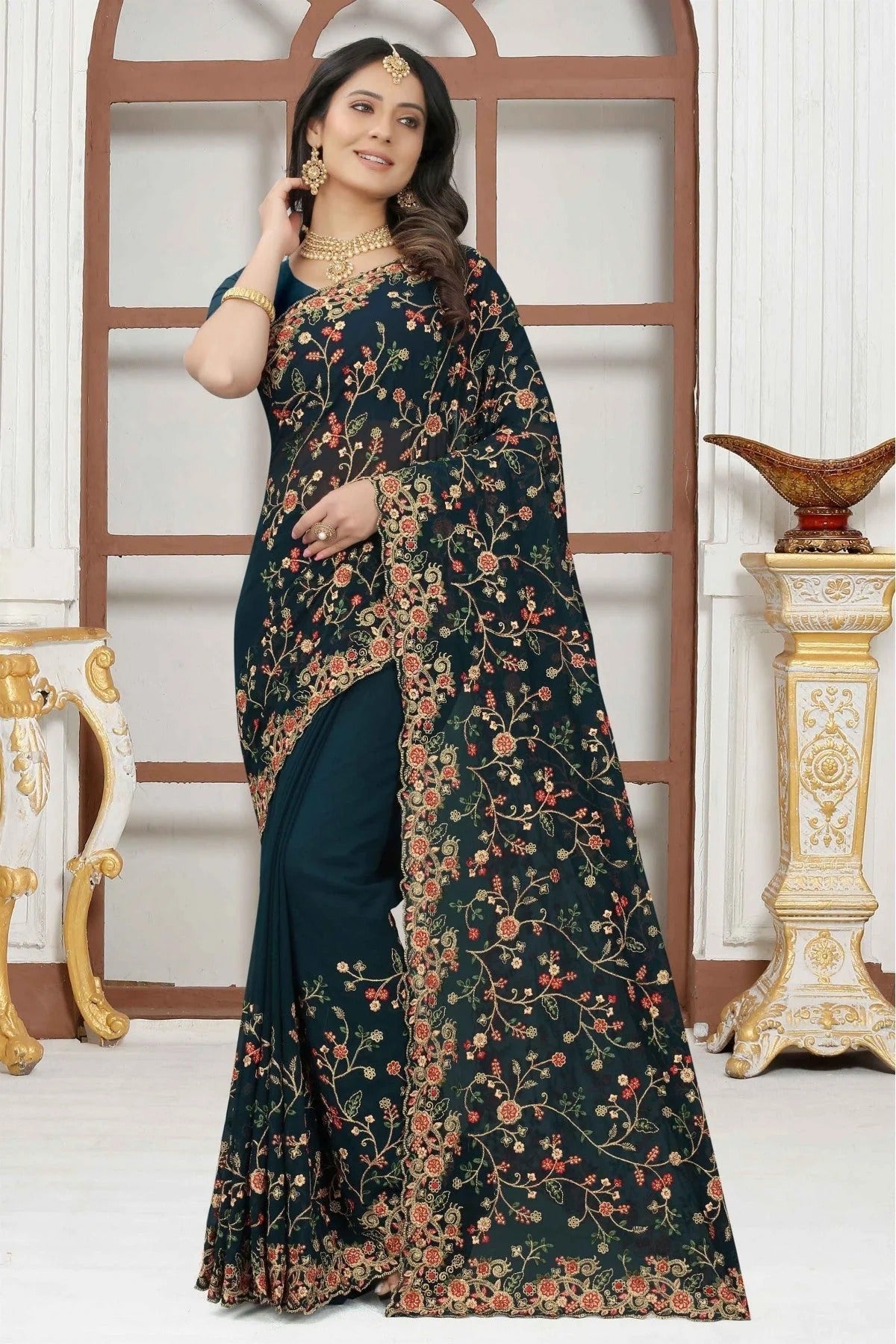 Teal Colour Georgette Embroidery Saree SD1090320