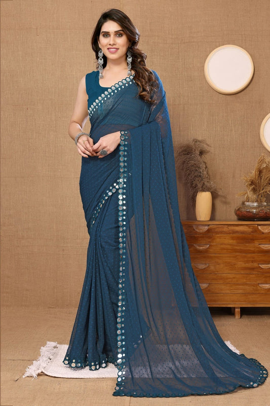 Teal Colour Georgette Mirror Work Saree SD1180087