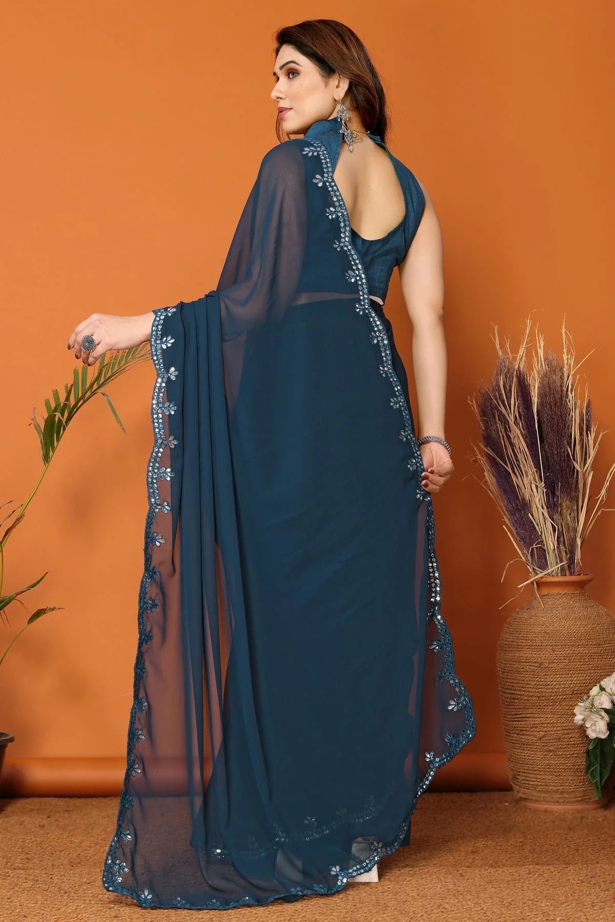 Teal Colour Georgette Mirror Work Saree SD1180121 A
