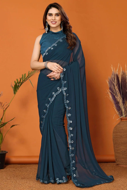 Teal Colour Georgette Mirror Work Saree SD1180121