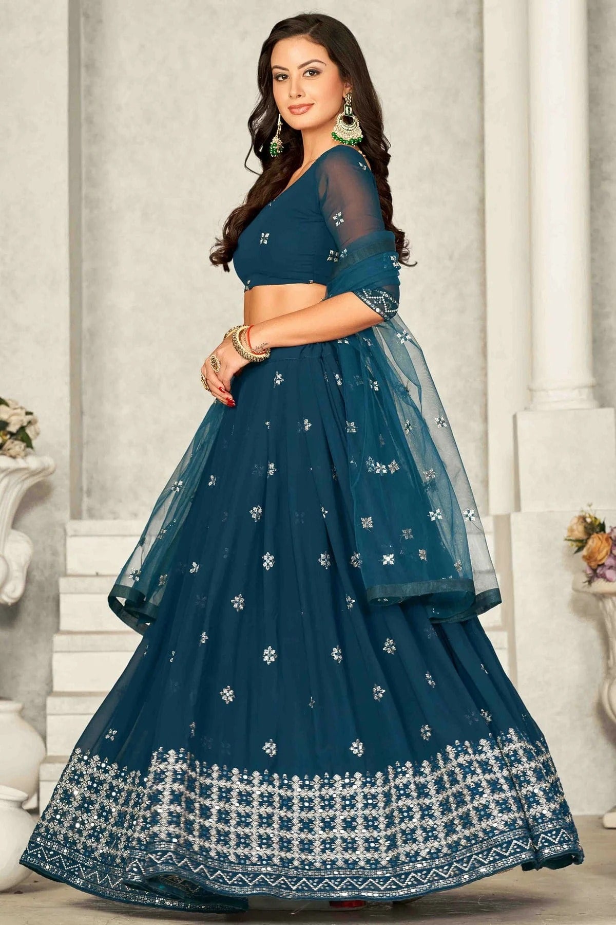 Teal Colour Georgette Semi Stitched Lehenga Choli LC1170071 A