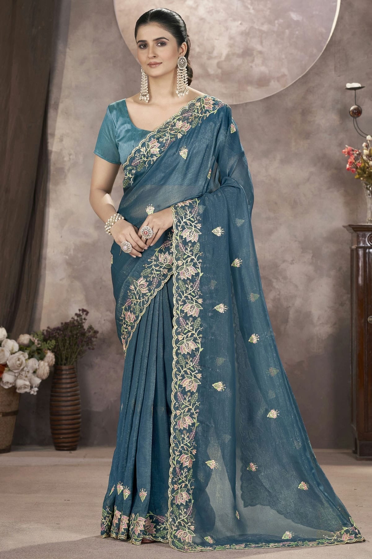 Teal Colour Gold Crunchy Designer Saree SD1112571