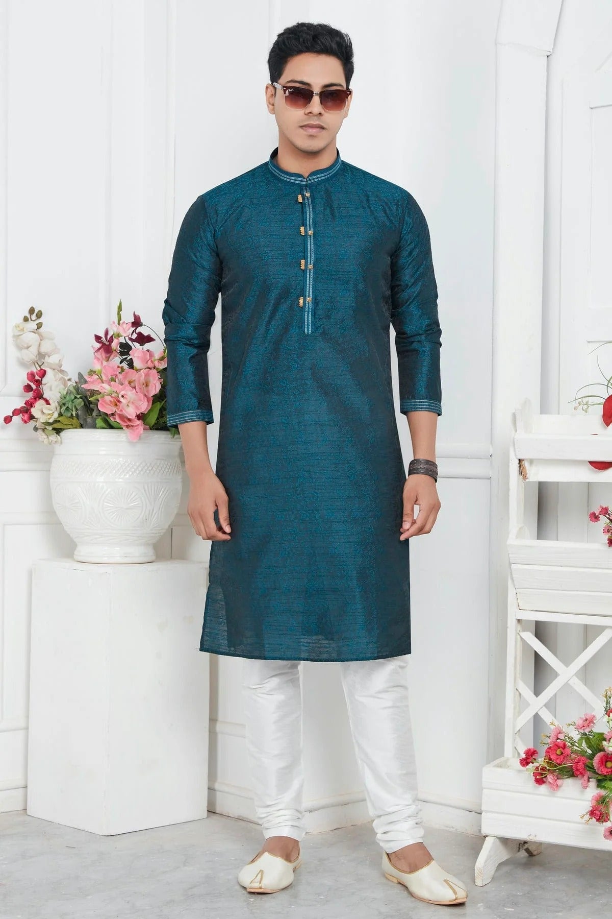 Teal Colour Jacquard Silk Brocade Kurta Pajama KP1230214 A