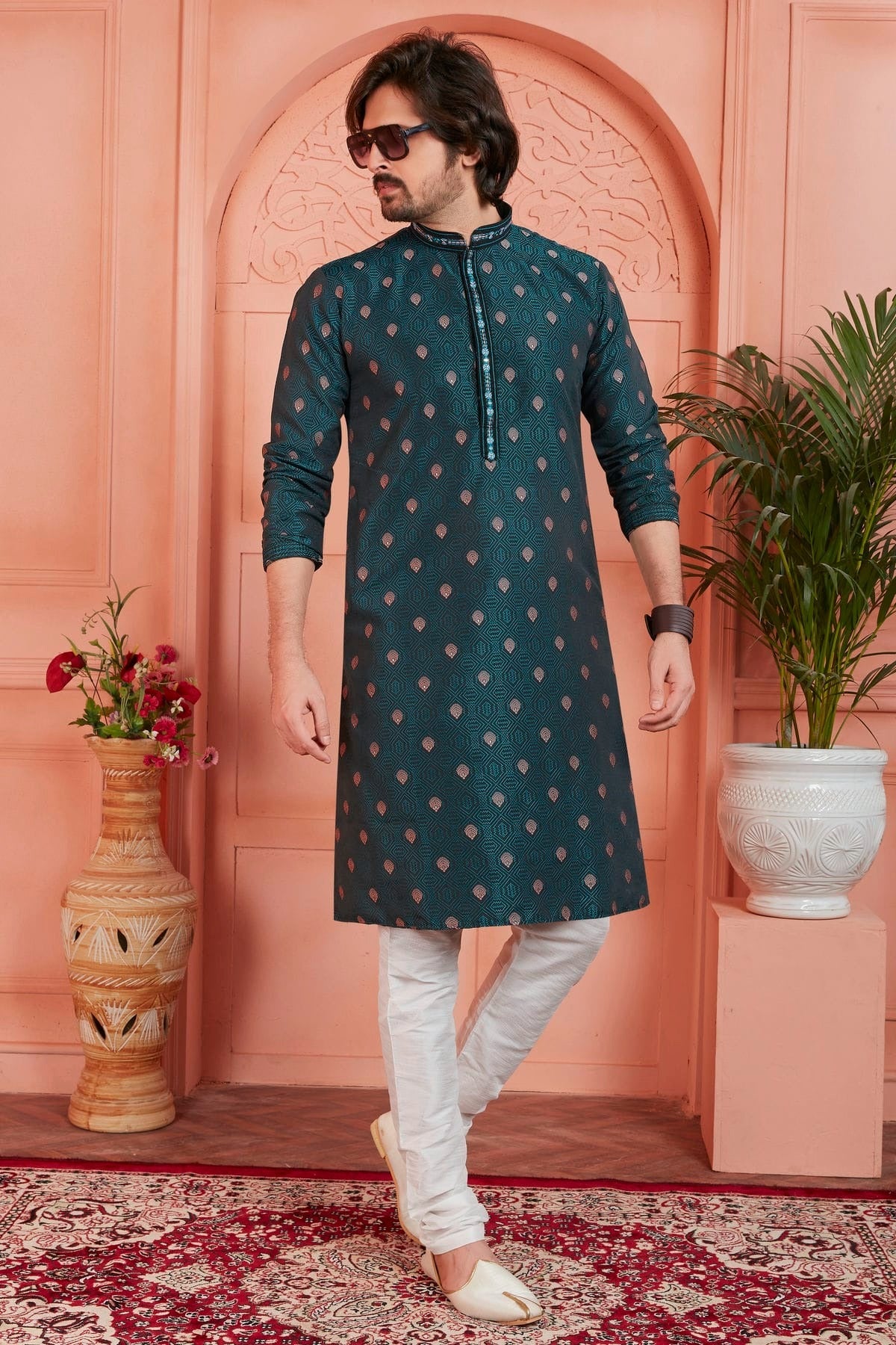Teal Colour Jacquard Silk Brocade Kurta Pajama KP1230238 A