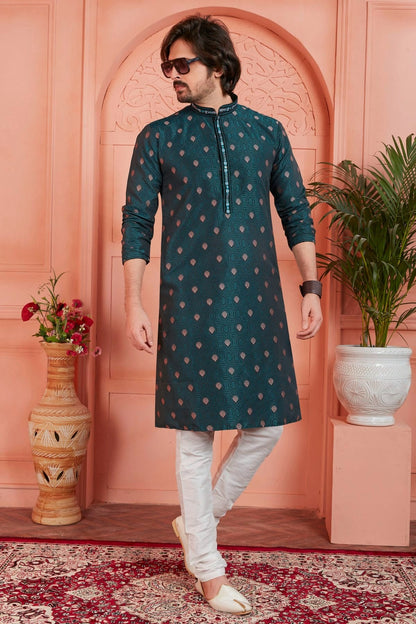 Teal Colour Jacquard Silk Brocade Kurta Pajama KP1230238 A