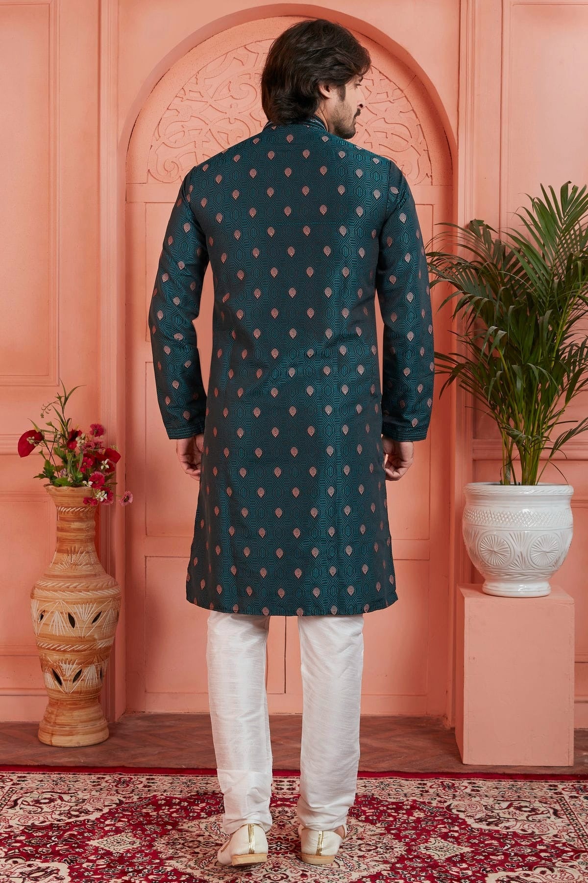 Teal Colour Jacquard Silk Brocade Kurta Pajama KP1230238 B