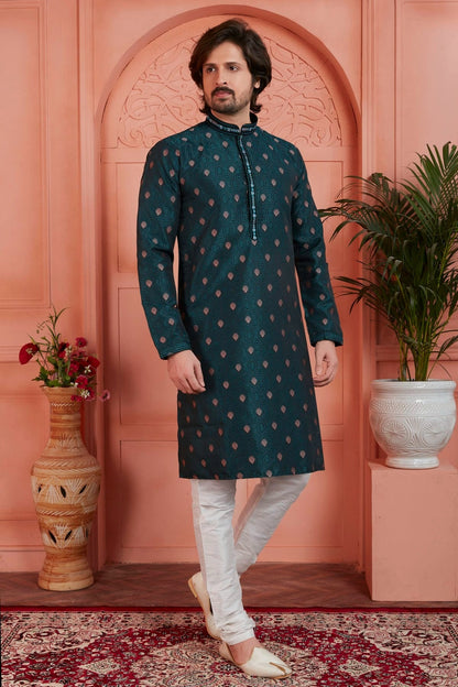 Teal Colour Jacquard Silk Brocade Kurta Pajama KP1230238