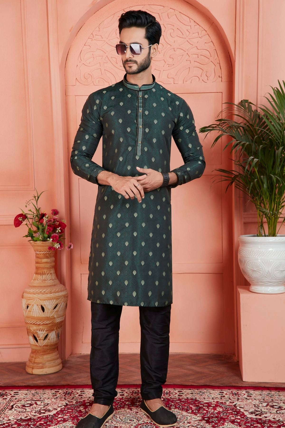 Teal Colour Jacquard Silk Brocade Kurta Pajama KP1230239 A
