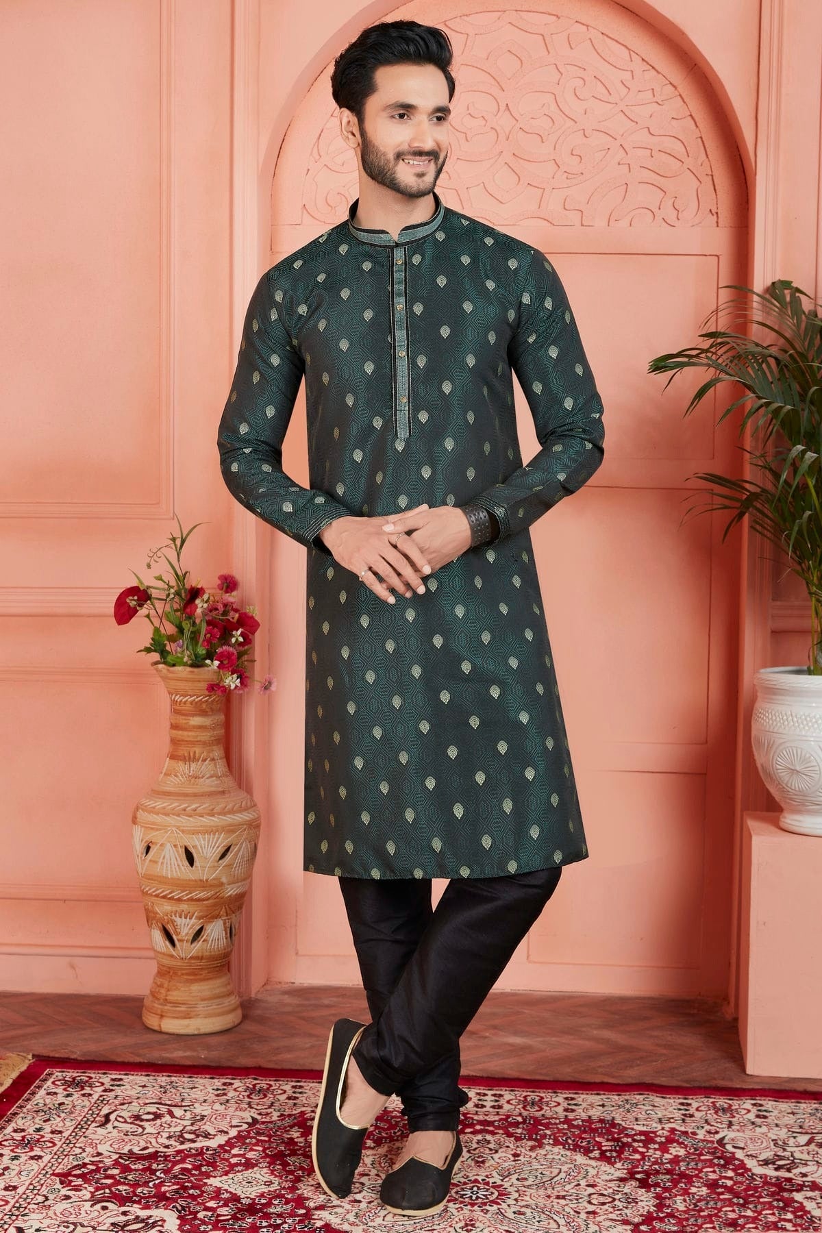Teal Colour Jacquard Silk Brocade Kurta Pajama KP1230239