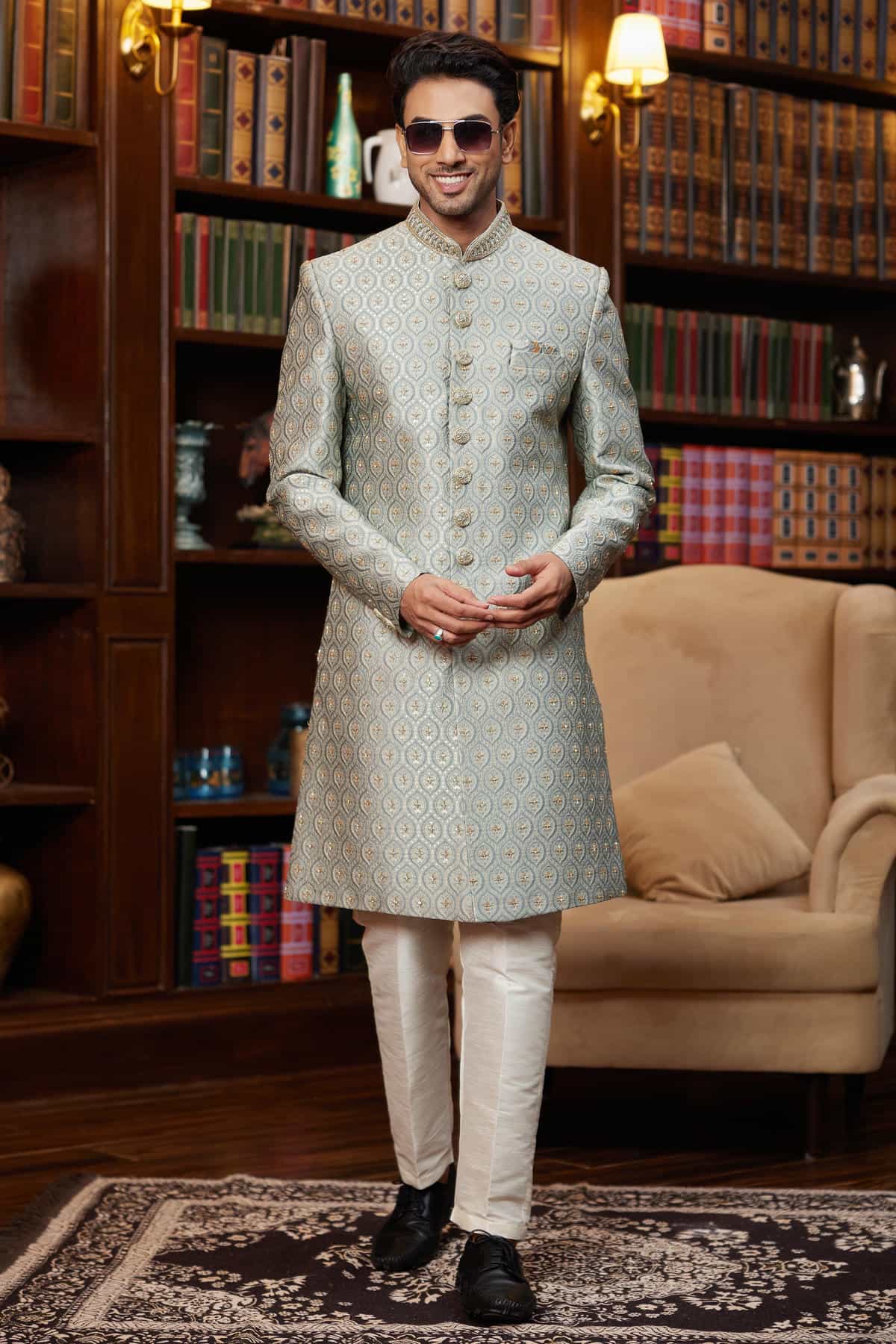 Teal Colour Jacquard Silk Embroidery Work Indo Western