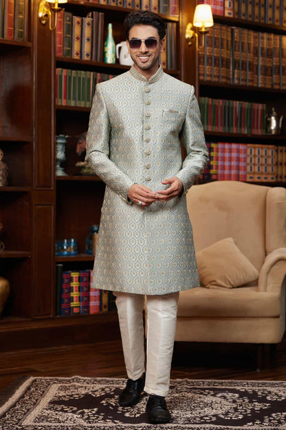 Teal Colour Jacquard Silk Embroidery Work Indo Western