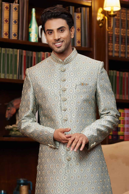 Teal Colour Jacquard Silk Embroidery Work Indo Western