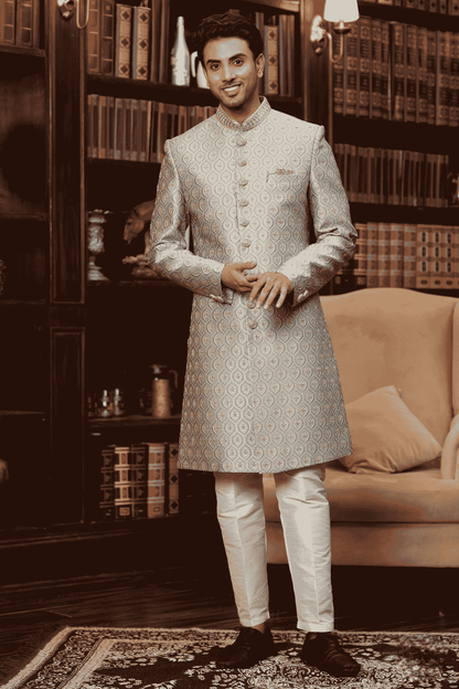 Teal Colour Jacquard Silk Embroidery Work Indo Western