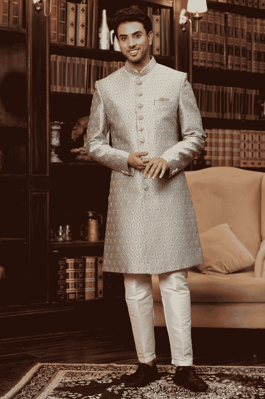 Teal Colour Jacquard Silk Embroidery Work Indo Western