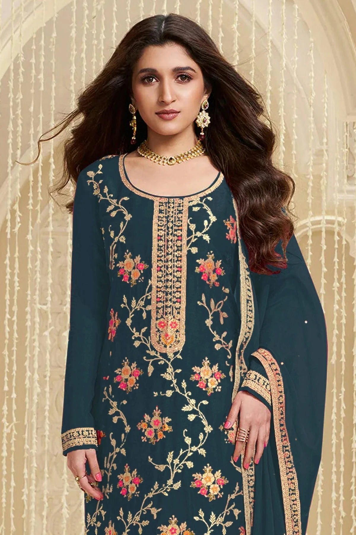 Teal Colour Jacquard Viscose Straight Suit SM1140580 A