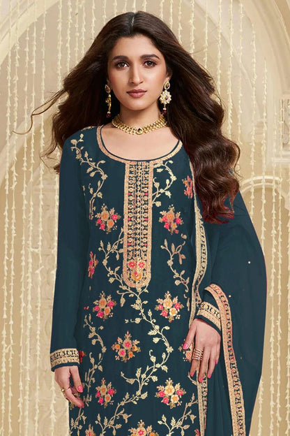 Teal Colour Jacquard Viscose Straight Suit SM1140580 A