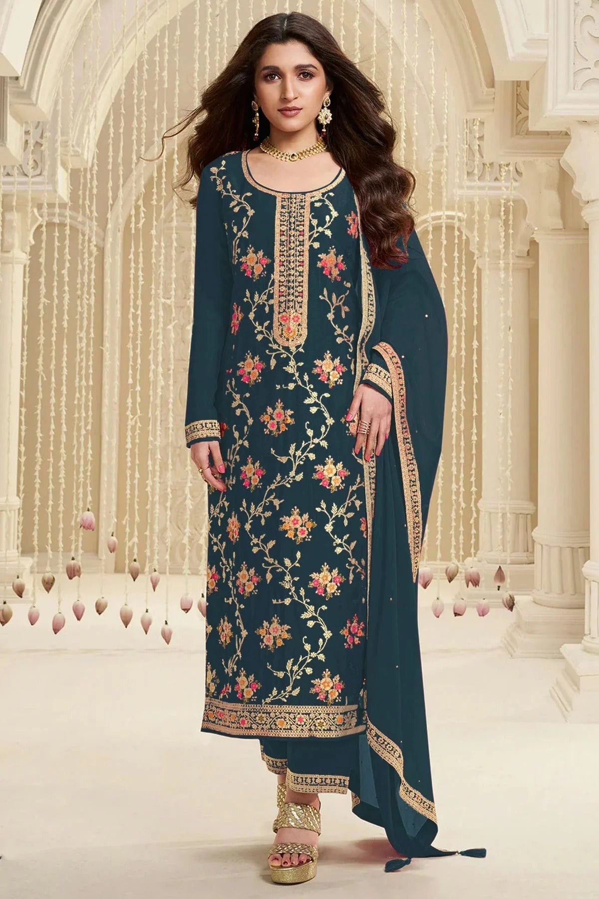 Teal Colour Jacquard Viscose Straight Suit SM1140580