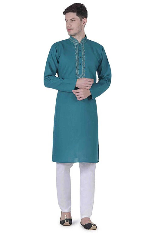 Teal Colour Kurta Pajama In Linen Texture Cotton KP1210146