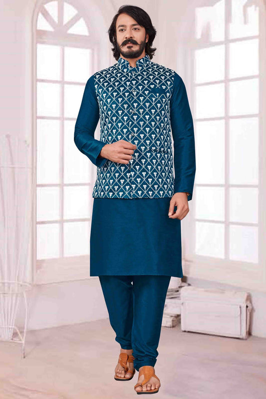 Teal Colour Kurta Pajama With Jacket In Art Silk KP1210368
