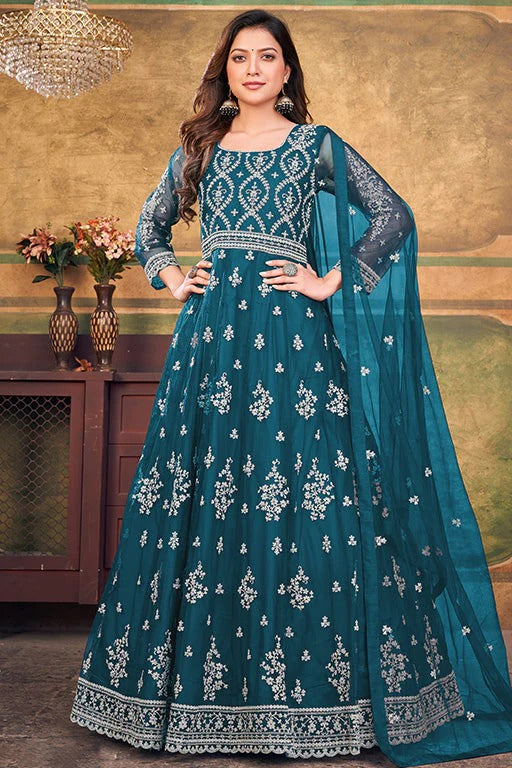 Teal Colour Net Anarkali Suit SM1050389