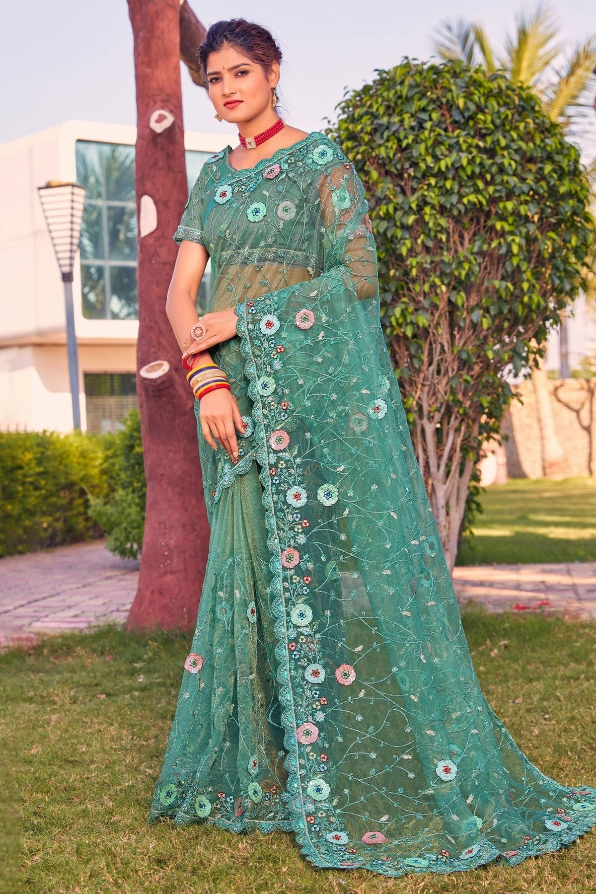 Teal Colour Net Designer Saree LC1121359
